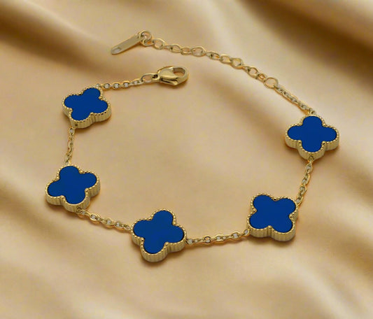 Four Leaf Clover Blue Enamel Charms Bracelet, Stainless Steel