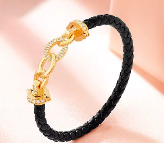 Braided Leather Bracelet with Gold-Plated Charm, Stainless Steel