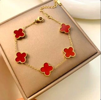 Four Leaf Clover Stainless Steel Bracelet with Red Enamel Charms