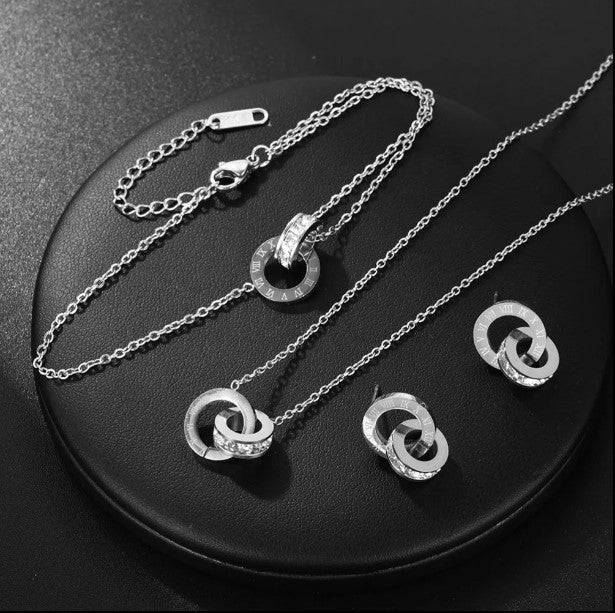 Stainless Steel Roman Numeral Pendant Necklace and Earring Set